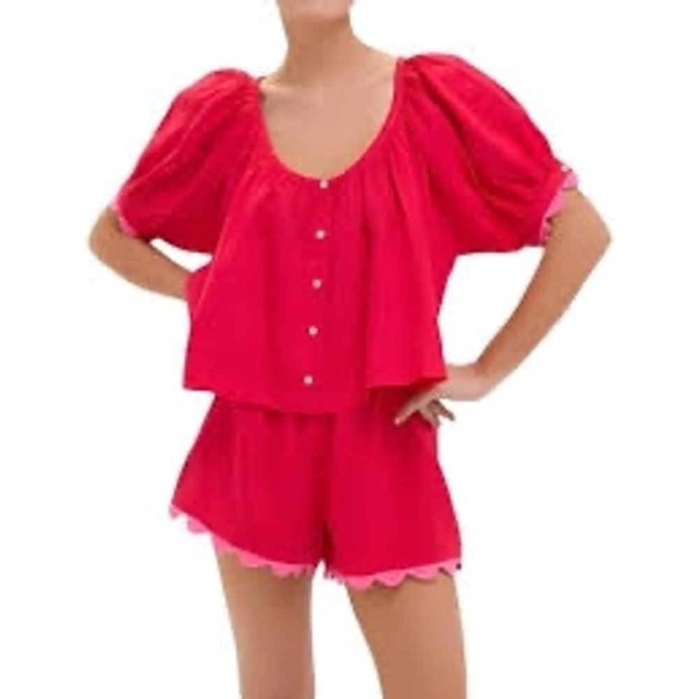 Tuckernuck Red Linen Scalloped Trim Two Piece Set Top M Shorts L
